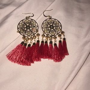 Red fringe drop down earrings